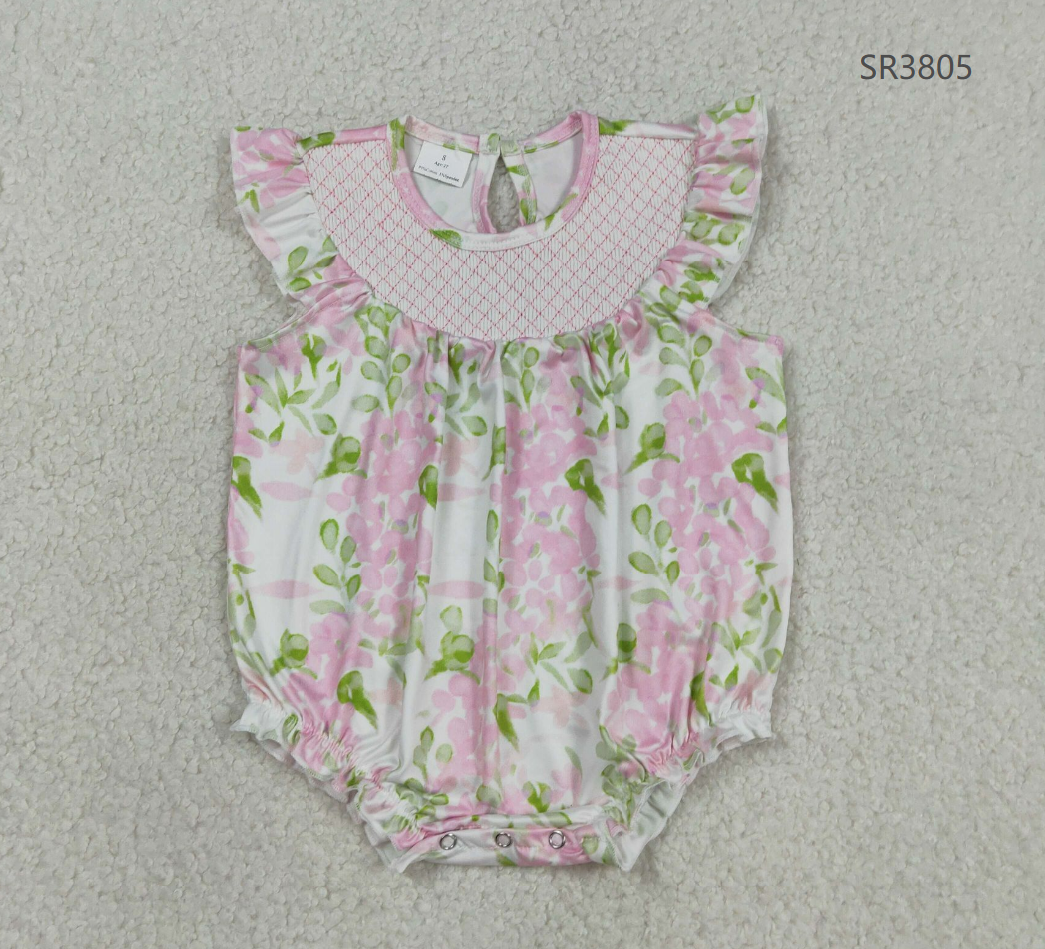 Baby Girls Infant Short Sleeves Embroidery Plaid Pink Flower Bubble Romper RTS