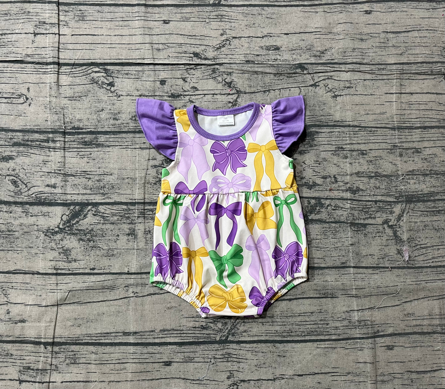 Baby Girls Infant Short Sleeves Bows Mardi Gras Bubble Romper RTS