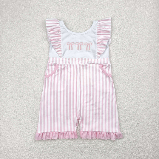 Baby Girl Short Sleeves Embroidery Pink Bows Stripes Pockets Jumpsuit RTS