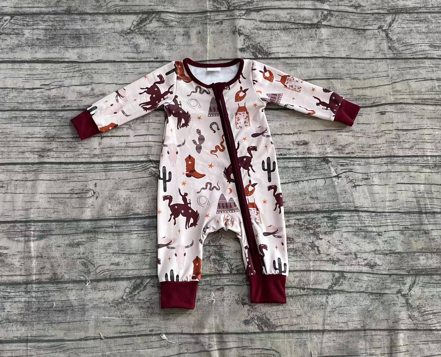Baby Boy Infant Long Sleeves Western Rodeo Cactus Zipper Romper RTS