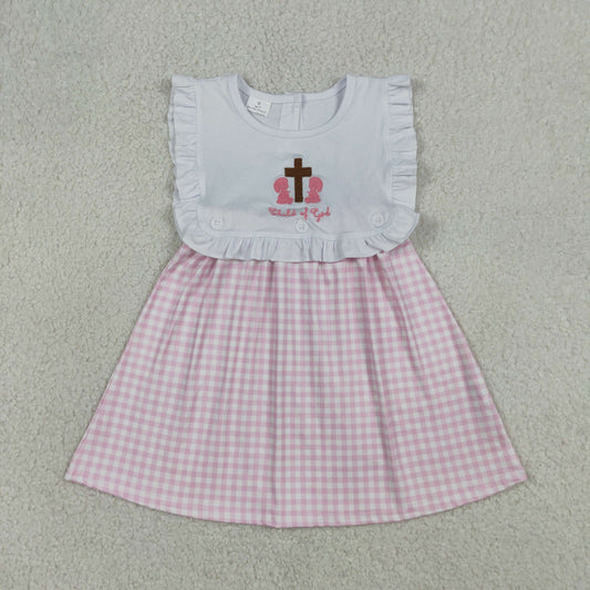 Baby Girls Sleeveless Embroidery Cross Easter Pink Plaid Knee Length Dress RTS