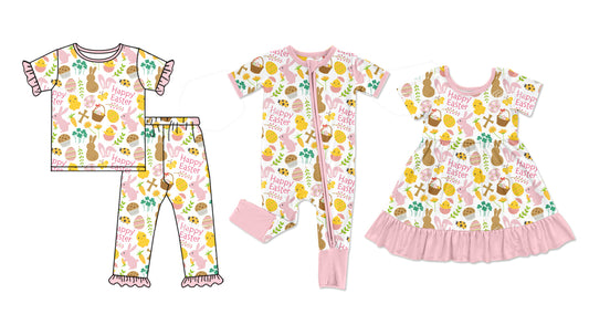 ( Moq 5 Each Style ) Baby Girl Toddler Rabbits Eggs Easter Sibling Romper Dress Set