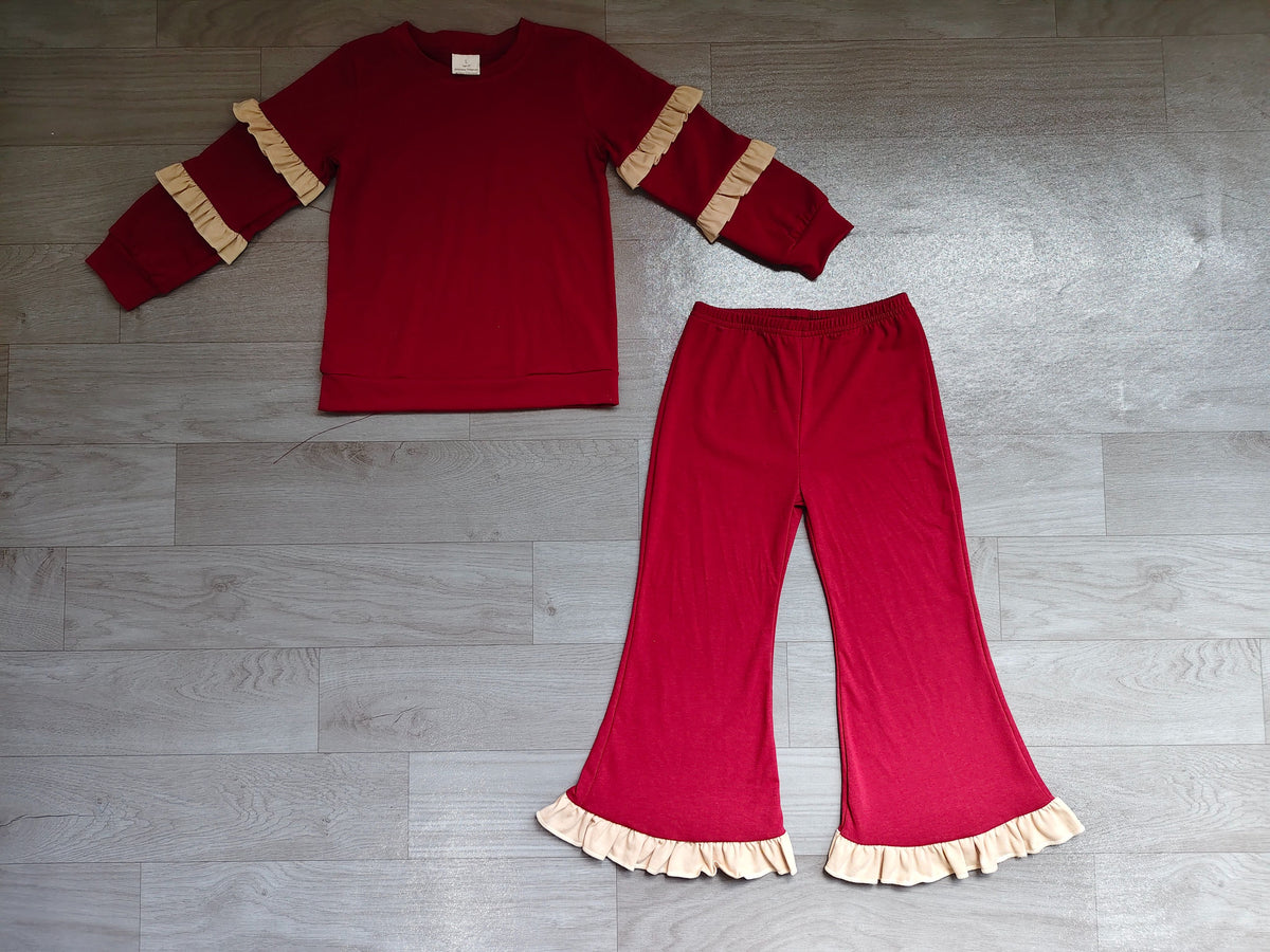( No moq ) Preorder Baby Girls Kids Pink Ruffle Shirt Bell Pants Dark Red Set Cotton Clothes