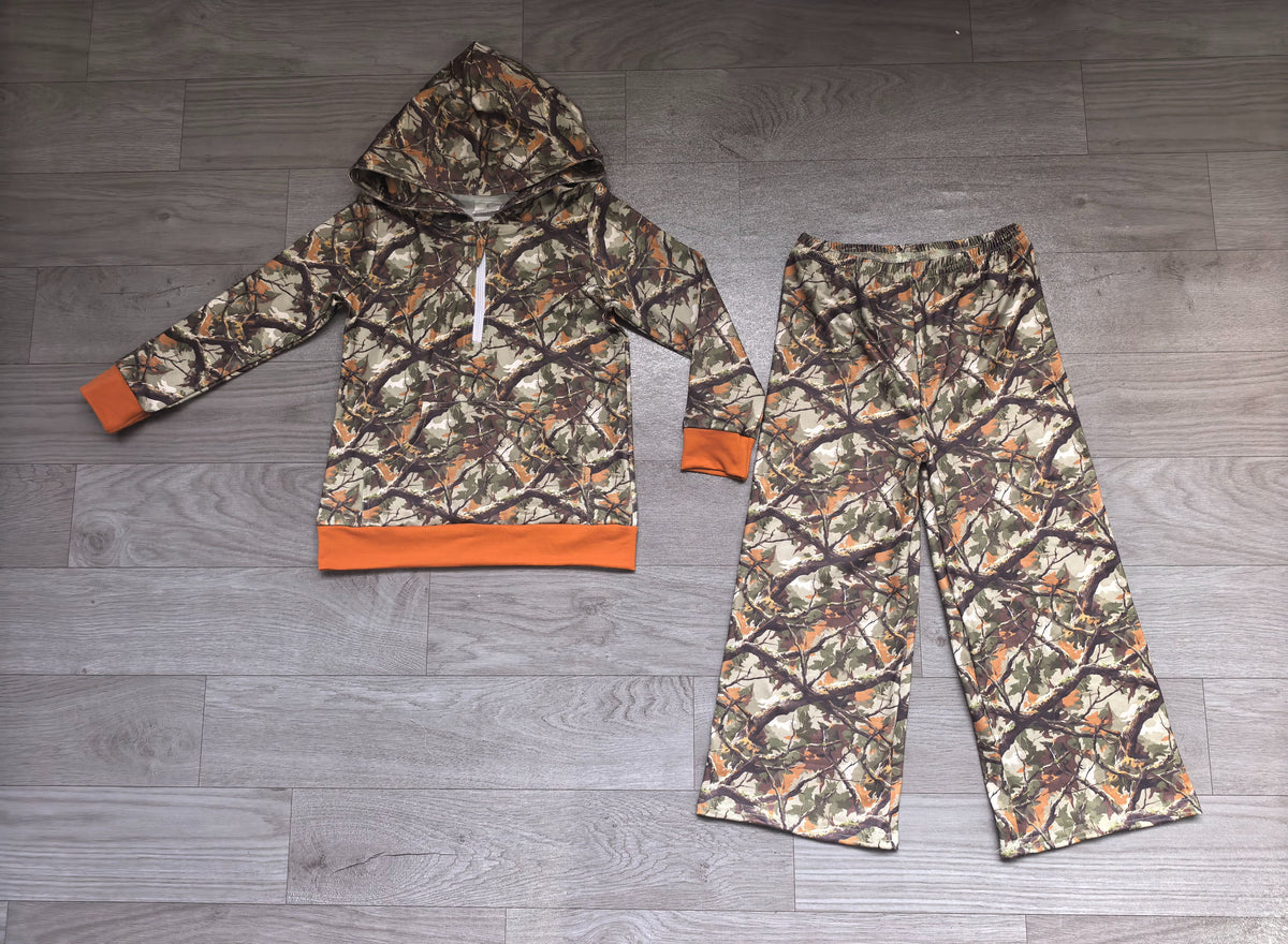 ( No moq ) Preorder Baby Girls Kids Long Sleeves Leaves Hoodie Zipper Shirt Pockets Pants Set Clothes