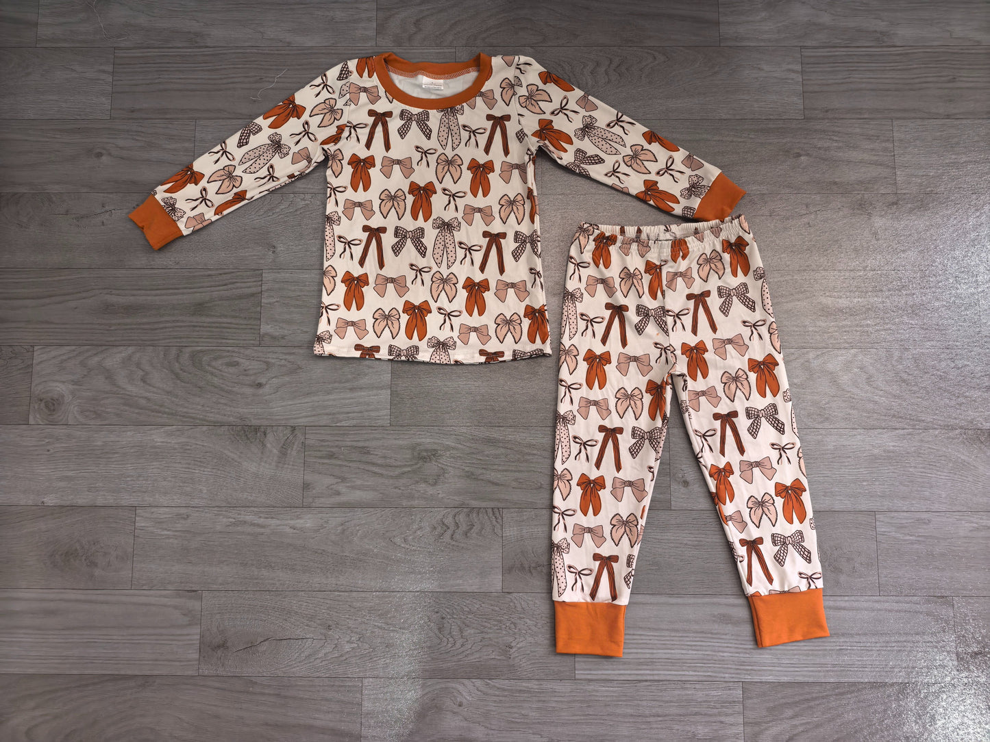 ( No moq ) Preorder Baby Girls Kids Long Sleeves Brown Bows Shirt Pants Set Pajamas Clothes