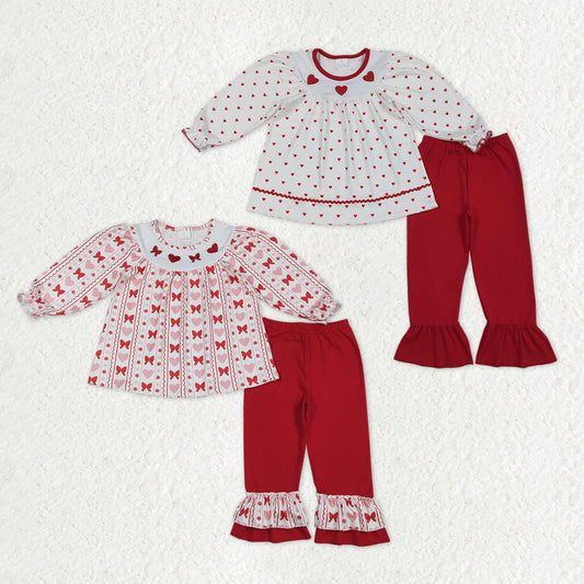 Sibling Baby Girls Long Sleeves Embroidery Bows Hearts Tunic Ruffle Red Pants Valentines Clothes Sets RTS