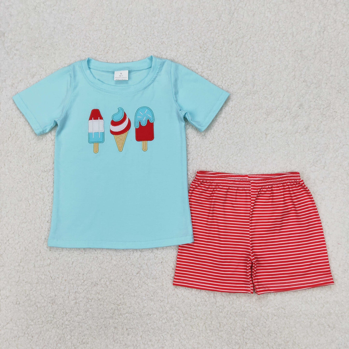 Baby Boy Short Sleeves Embroidery Popstick Shirt 4th Of July Stripes Red Shorts Set RTS