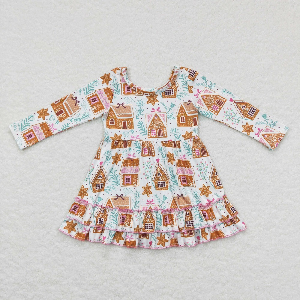 Baby Girl Long Sleeves Christmas Gingerbread House Sibling Buttons Romper Dress RTS