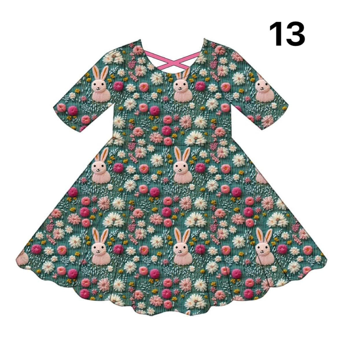 Preorder Baby Girl Short Sleeves Easter Rabbits Flower Knee Length Dress