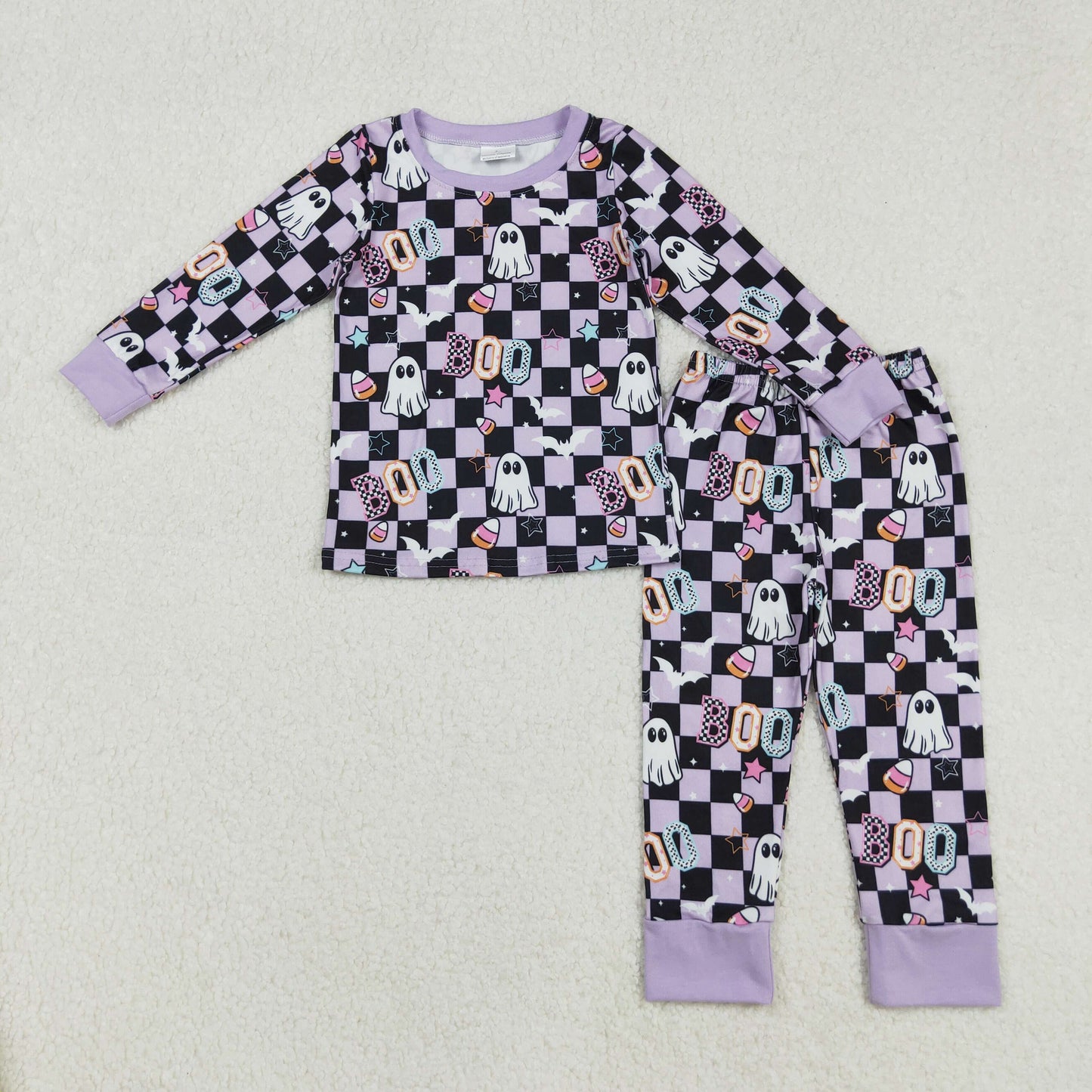 Baby Girl Long Sleeves Ghost Candy Plaid Shirt Pants Halloween Purple Pajamas Clothes Set RTS