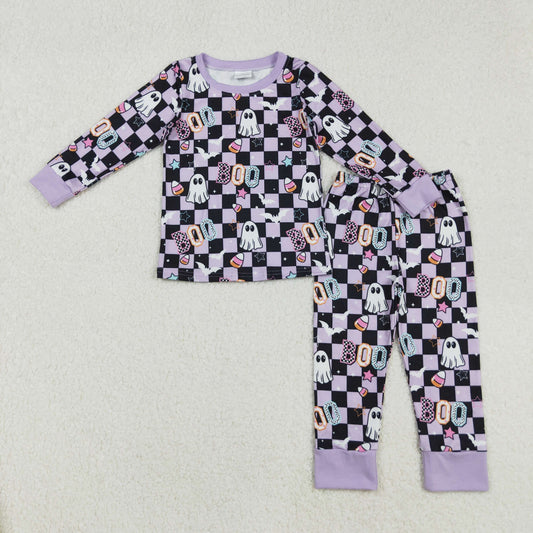 Baby Girl Long Sleeves Ghost Candy Plaid Shirt Pants Halloween Purple Pajamas Clothes Set RTS