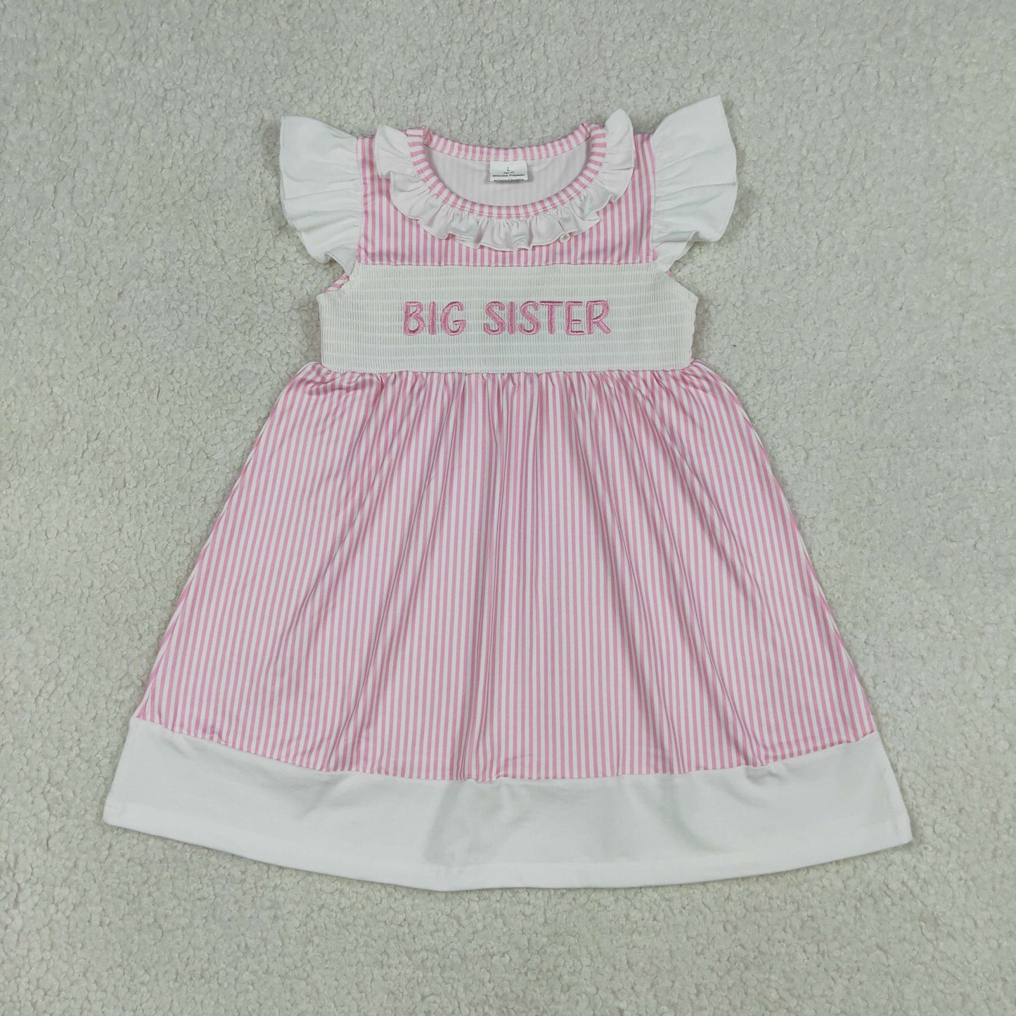 Baby Girls Short Sleeves Embroidery Smocked Big Sister Pink Stripes Knee Length Dress RTS