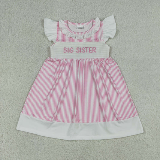 Baby Girls Short Sleeves Embroidery Smocked Big Sister Pink Stripes Knee Length Dress RTS