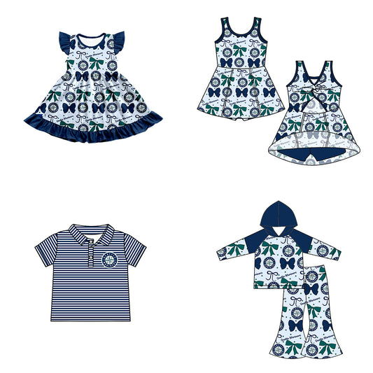 ( Moq 5 each style ) Baby Boy Girl Toddler Team Green Blue Bows Sibling Shirt Dress Set 6.17