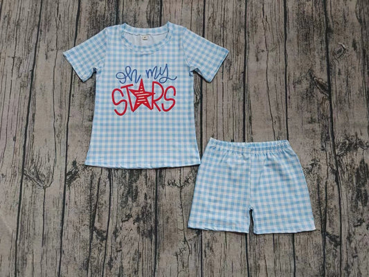 ( Moq 5 ) Baby Boy Short Sleeves Stars Shirt Plaid Shorts Summer Set Clothes