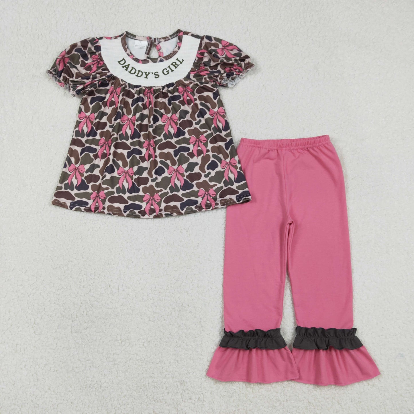 Baby Kids Toddler Embroidery Smocked Daddy's Girl Camo Bows Tunic Pink Pants Set RTS