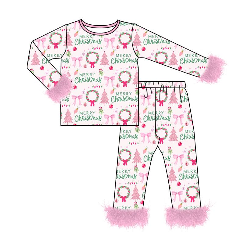 ( Moq 5 ) Preorder Baby Girls Kids Bows Christmas Shirt Pants Fur Set Pajamas Pink Clothes