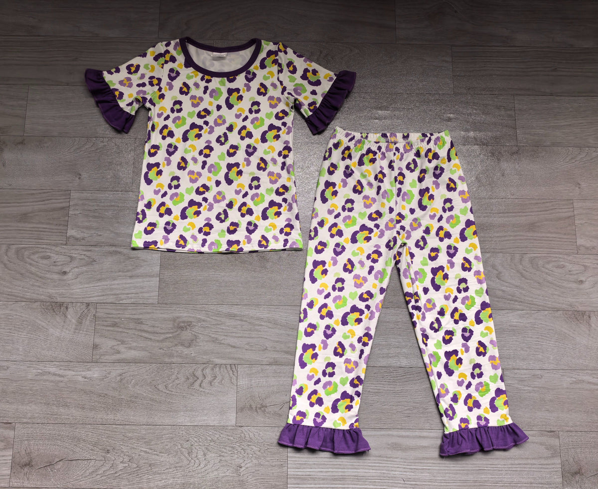 ( No moq ) Preorder Baby Girls Kids Leopard Mardi Gras Shirt Pants Pajamas Set Clothes