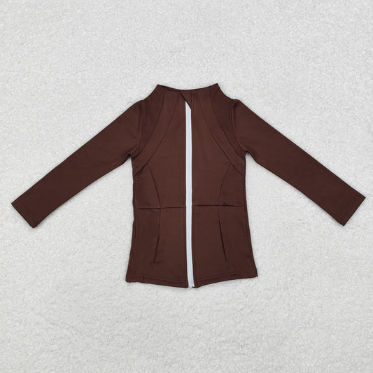 Baby Girl Long Sleeves Brown Pocket Yoga Sports Zipper Jacket Tops