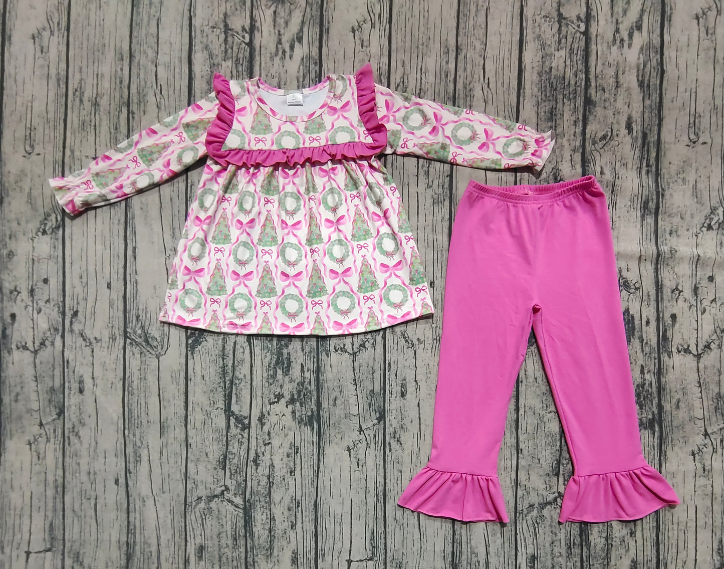 Baby Girl Toddler Long Sleeves Trees Bows Tunic Ruffle Pants Set RTS