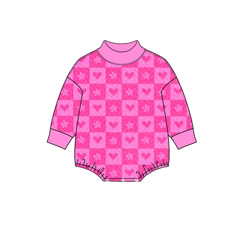 ( Moq 5 ) Preorder Baby Girls Infant Hearts Flower Mock Neck Pink Romper Valentine Clothes