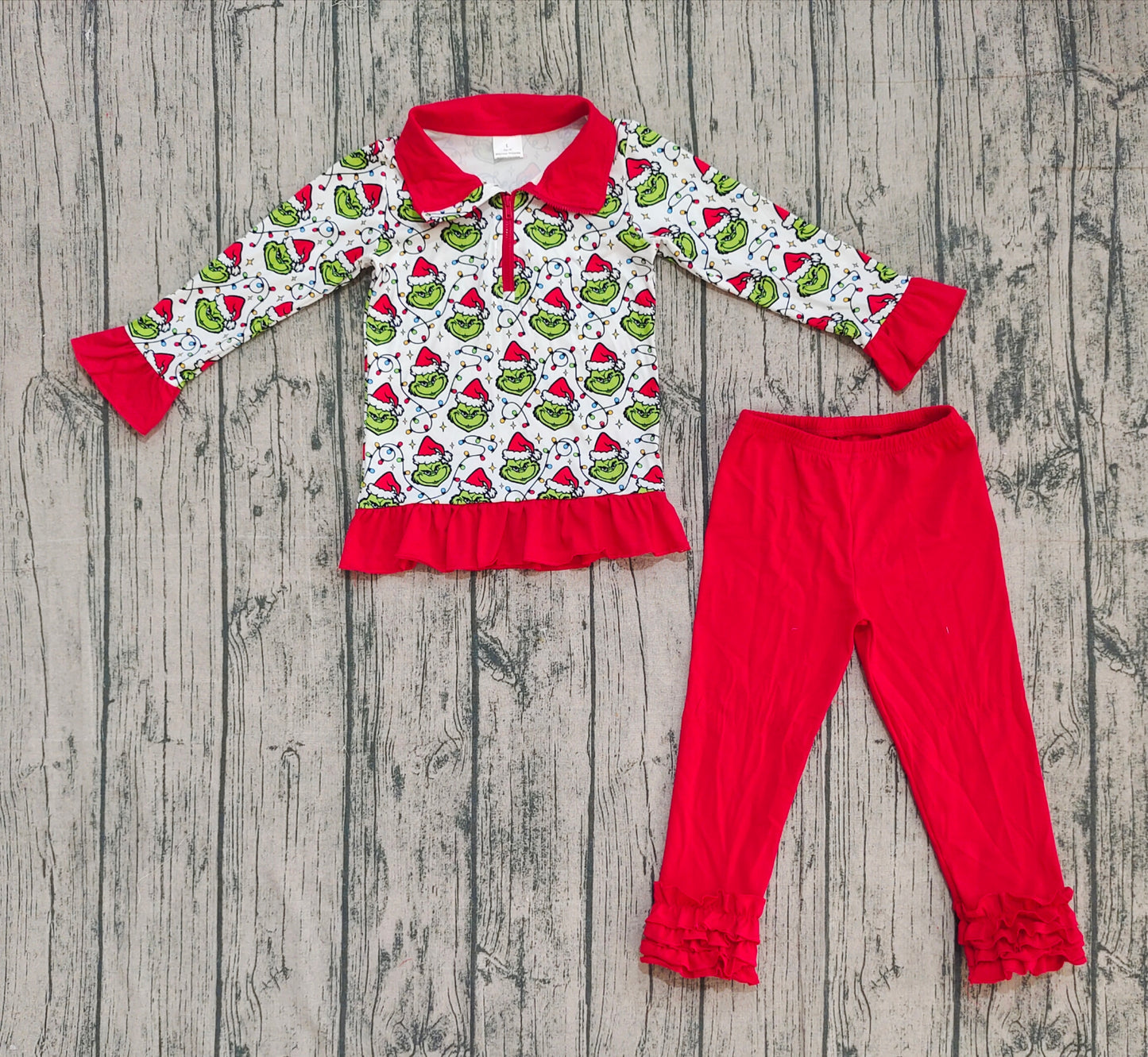 Baby Girl Long Sleeves Green Face Lights Christmas Zipper Shirt Ruffle Pants Set RTS