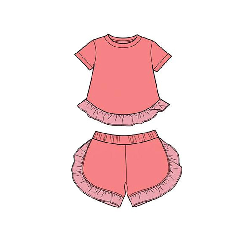 ( Moq 5 ) Preorder Baby Girl Kids Short Sleeves Peach Ruffle Tops Shorts Cotton Set Summer Clothes