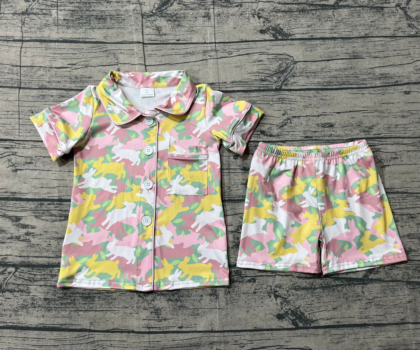 Baby Girls Short Sleeves Rabbits Camo Shirt Short Easter Pajamas Buttons Set RTS