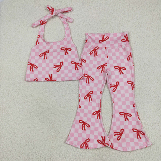 Baby Girl Straps Bows Checked Pink Vest Tops Bell Pants Set RTS
