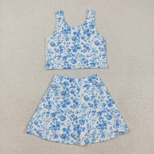 Baby Girl Sleeveless Blue Floral Tops Shorts Skirt Skort Yoga Active Wear Clothes Set RTS