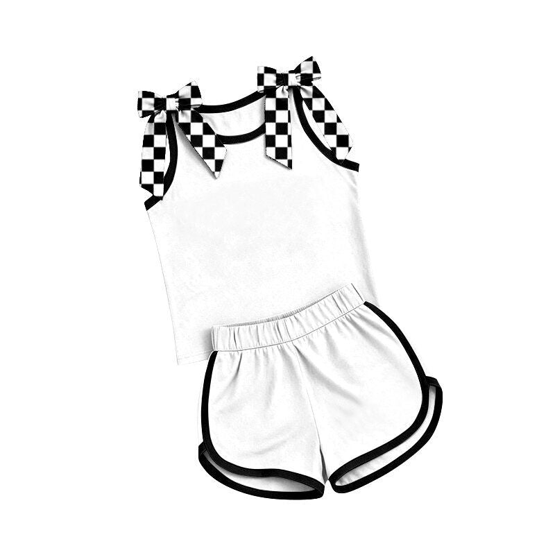 ( Moq 5 ) Preorder Baby Girls Kids Checked Bows Shirt Shorts White Set Summer Clothes