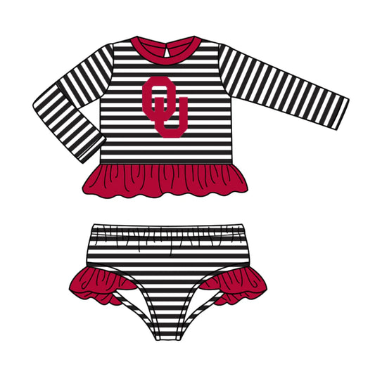 ( Moq 5 ) Baby Girls Long Sleeves OU Ruffle Tops Stripes Shorts Team Set Swimsuit