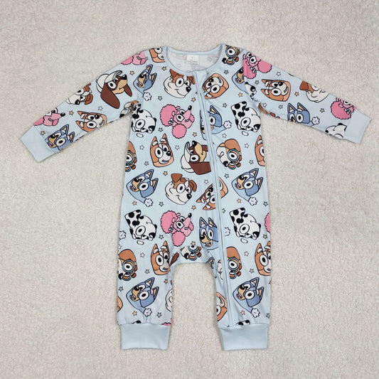 Baby Boy Infant Long Sleeves Blue Dogs Cartoon Zipper Romper RTS