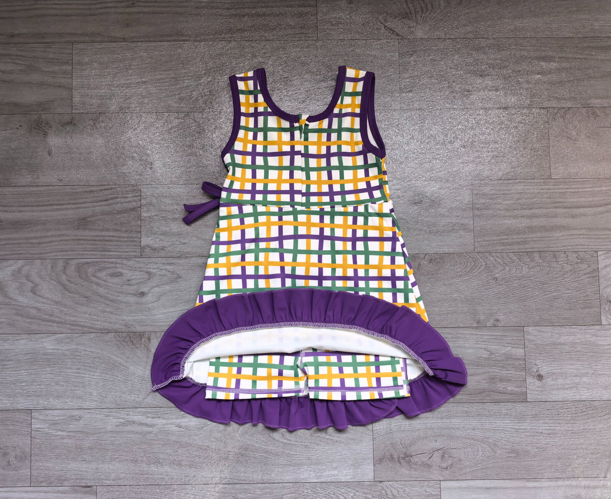 ( No moq ) Preorder Baby Girls Kids Sleeveless Shorts Scallop Plaid Yoga Dress Mardi Gras Clothes