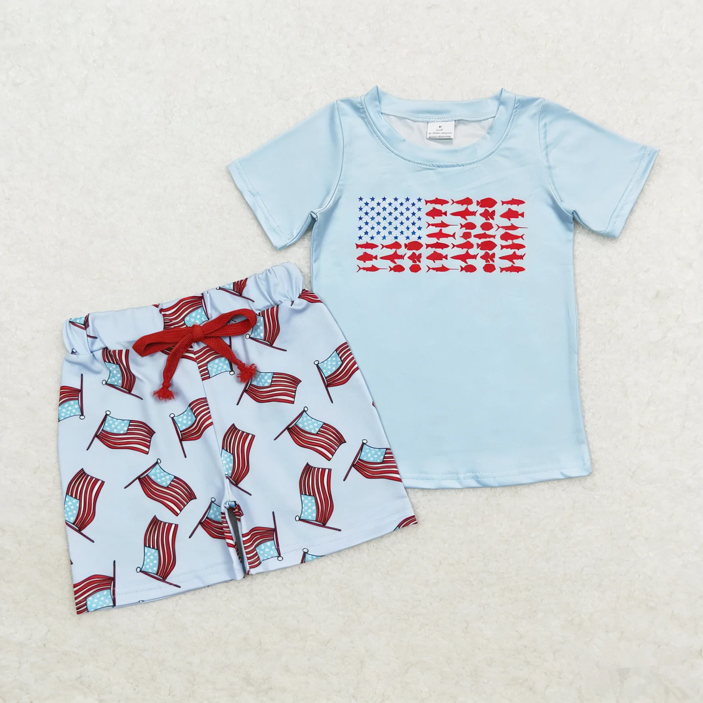 Baby Boys Kids Short Sleeves Blue Shirt Flags Shorts 4th of July Clothes Set RTS