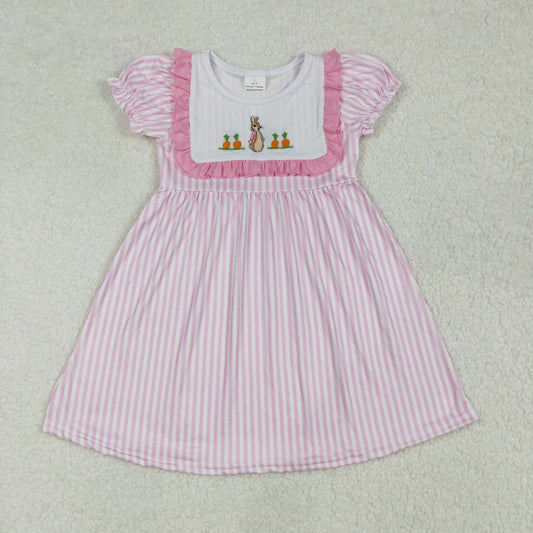 Baby Girl Short Sleeves Embroidered Rabbit Carrot Knee Length Pink Dress RTS