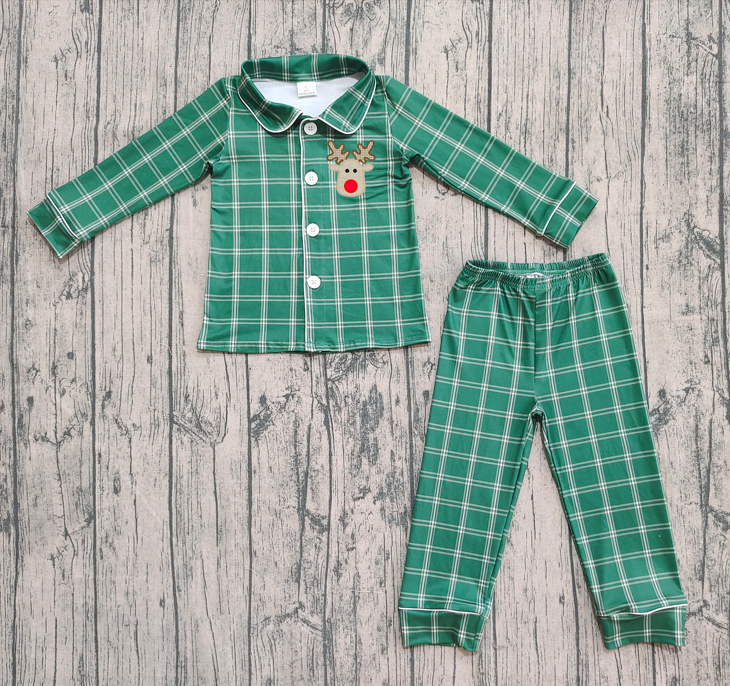 Pre-order Baby Boy Long Sleeves Christmas Embroidery Deer Plaid Buttons Shirt Pants Green Pajamas Set( No moq )