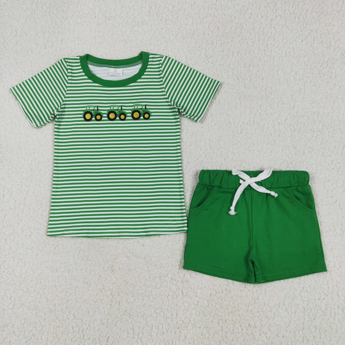 Baby Boy Short Sleeves Farm Embroidery Tractors Stripes Shirts Pockets Green Shorts Clothes Set RTS