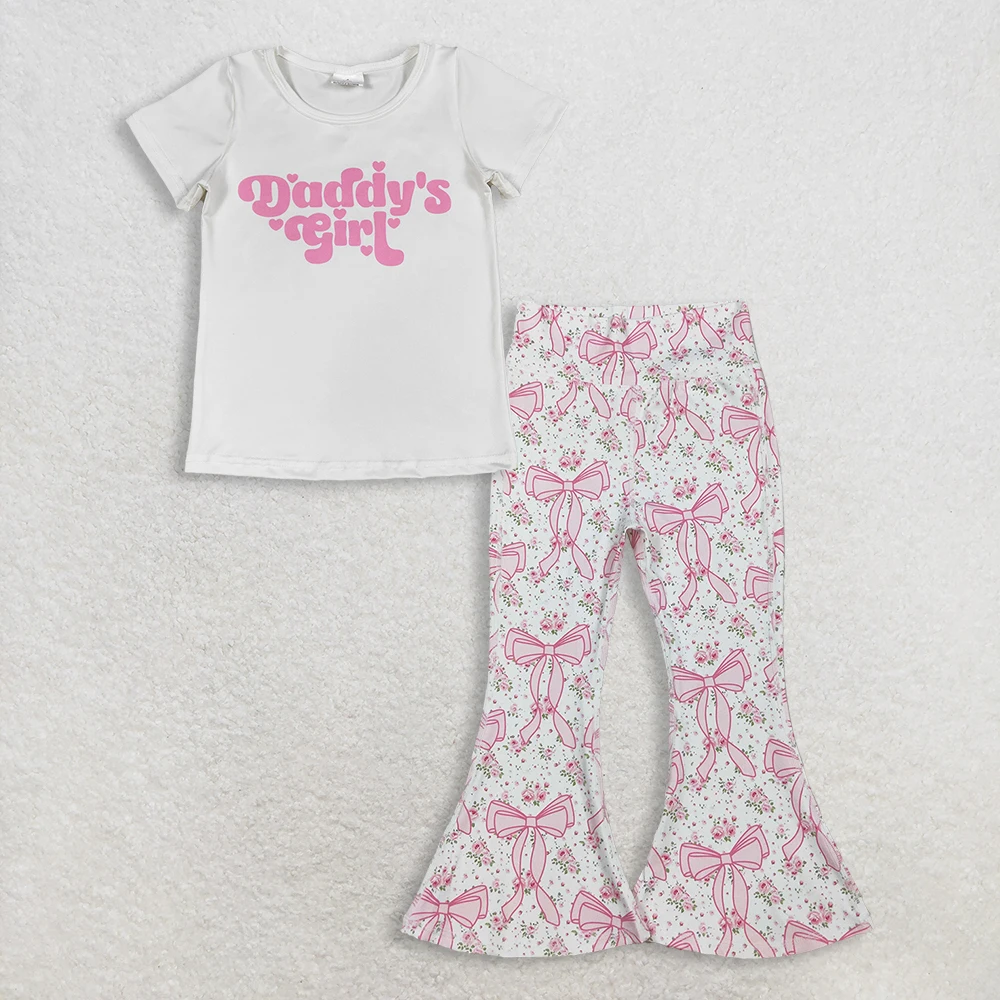Baby Girl Kids Short Sleeves Daddy's Shirt Flower Bows Pants Set Clothes RTS