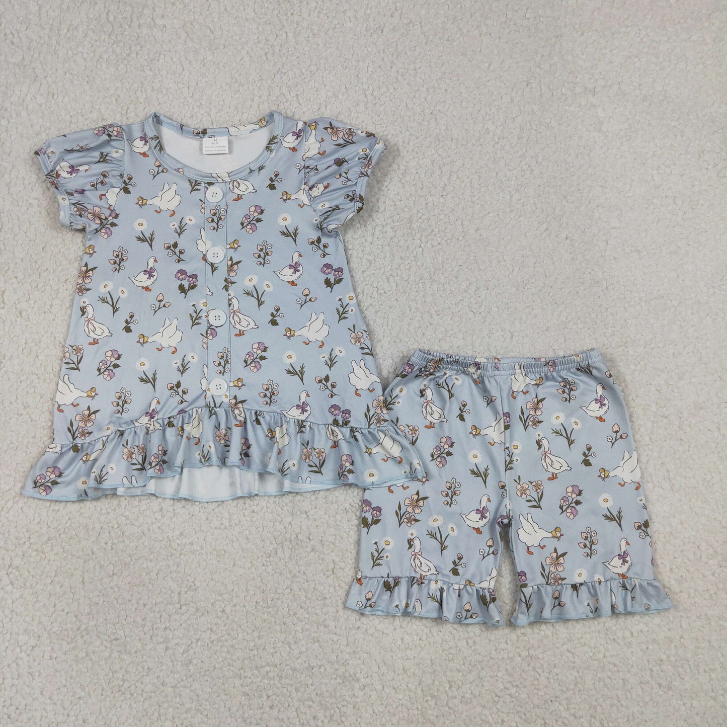 Baby Girls Kids Short Sleeves Flower Goose Tops Ruffle Shorts Set Clothes RTS