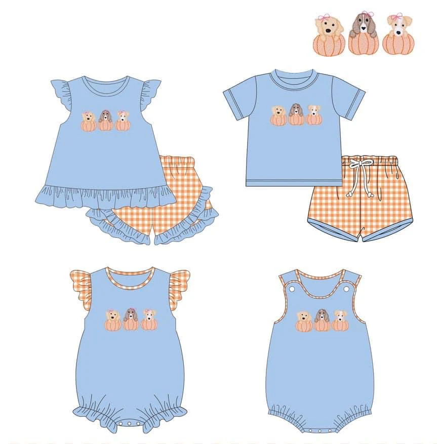 Baby Boy Girl Short Sleeves Pumpkins Dogs Sibling Fall Romper Set ( Moq 5 Each Style ) 7.8