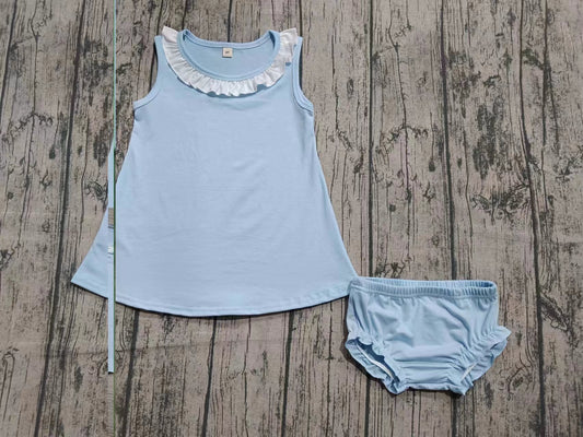 ( Moq 5 ) Baby Girl Sleeveless Cotton Ruffle Tunic Shorts Summer Blue Cotton Set