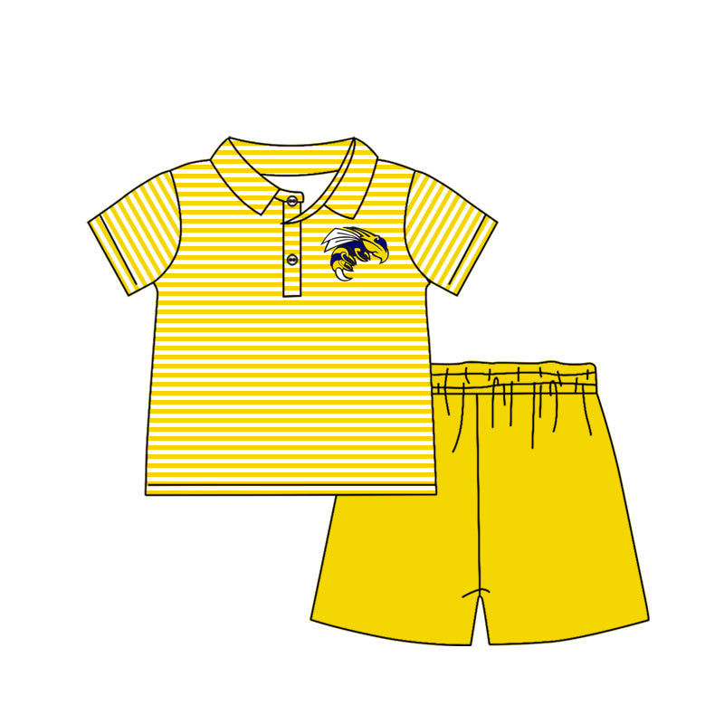 Baby Boy Short Sleeves Team Stripes Buttons Shirt Yellow Shorts Set Moq 5