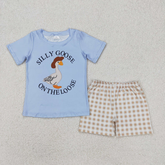Baby Boy Kids Toddler Silly Goose Shirt Checkered Shorts Clothes Set RTS