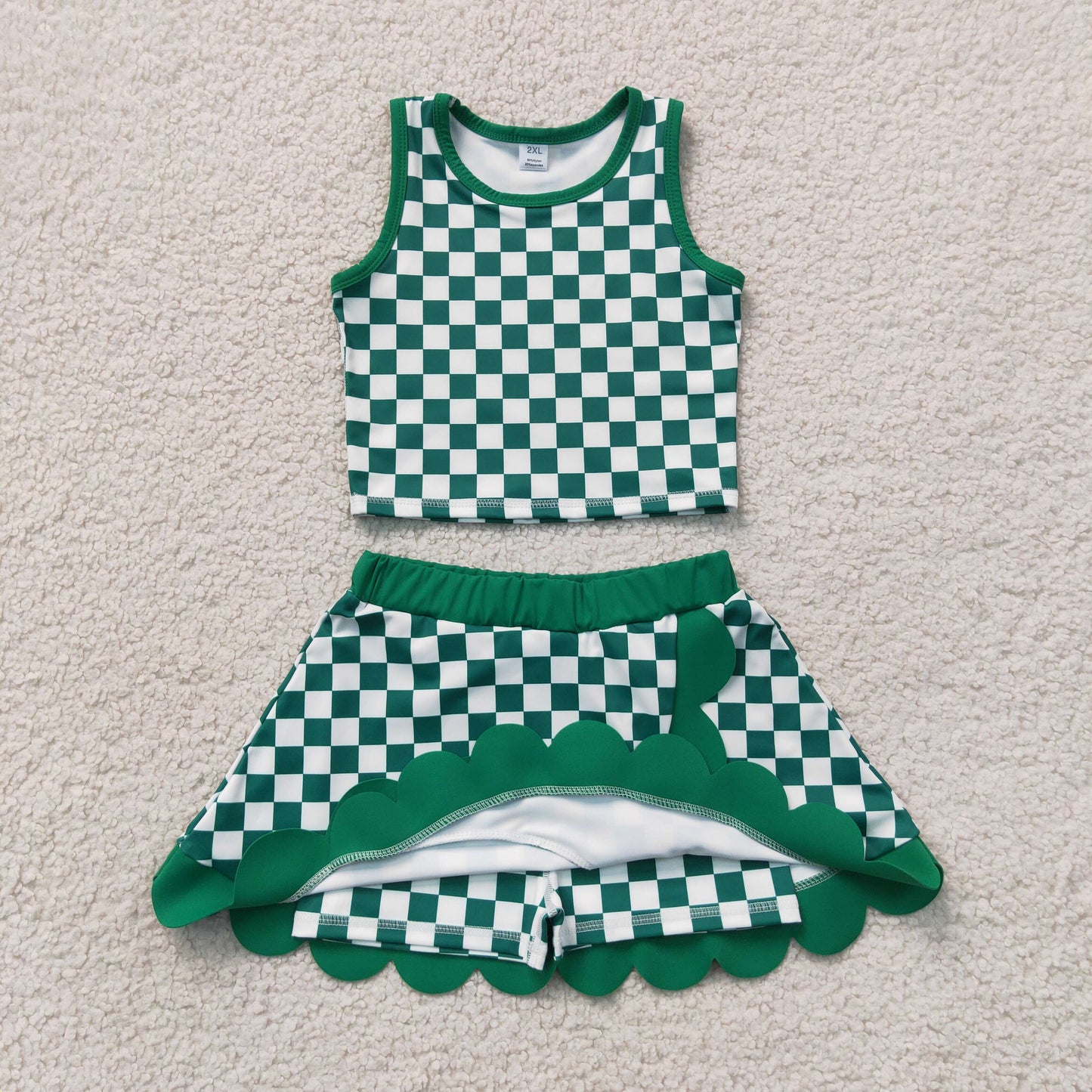 Baby Girls Kids Green Checked Tops Scallop Skirt Shorts Yoga Active Set Clothes RTS