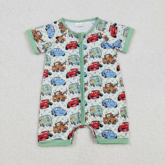 Baby Boy Infant Short Sleeves Cartoon Car Green Checkered Zipper Romper RTS