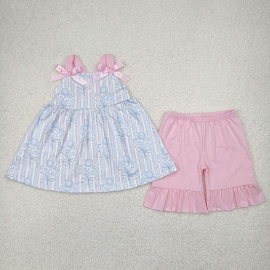 Baby Girl Infant Bows Straps Flower Stripes Tunic Pink Shorts Set RTS