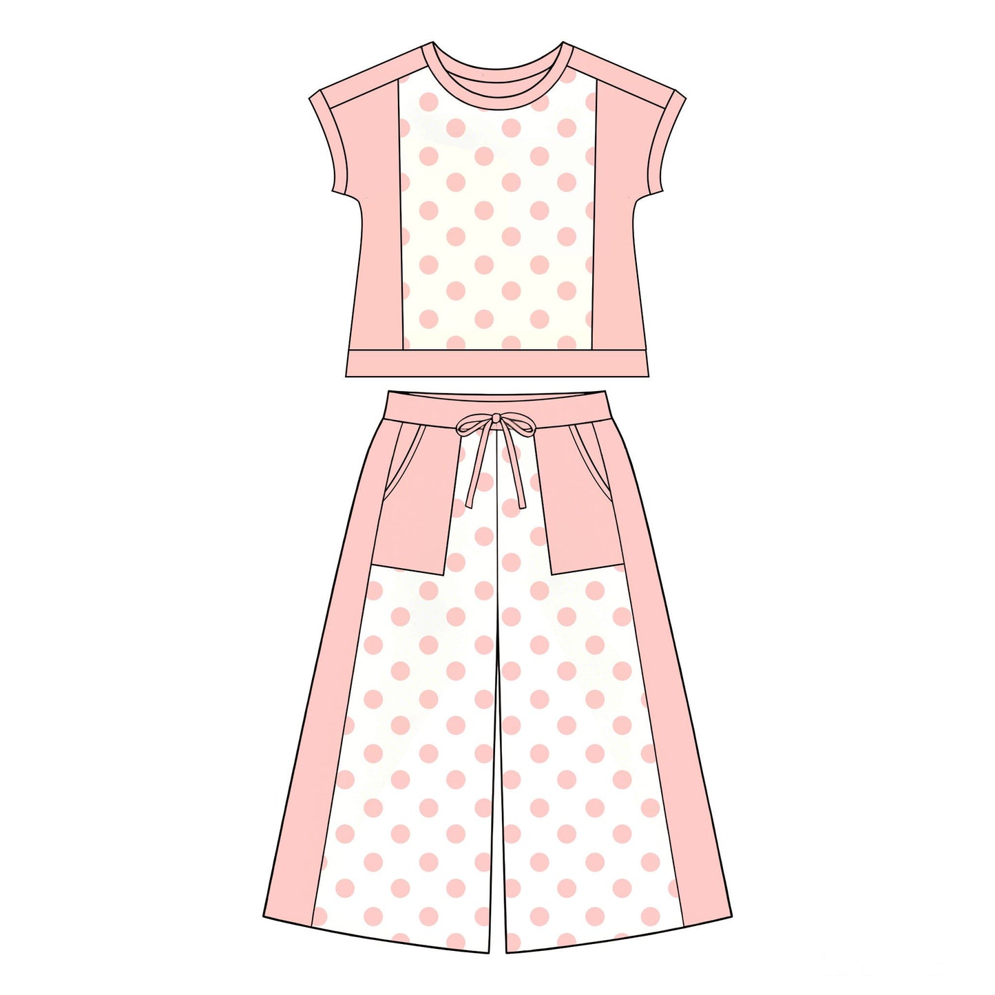 ( Moq 5 ) Preorder Baby Girl Kids Short Sleeves Dots Shirt Pockets Pants Pink Set Clothes