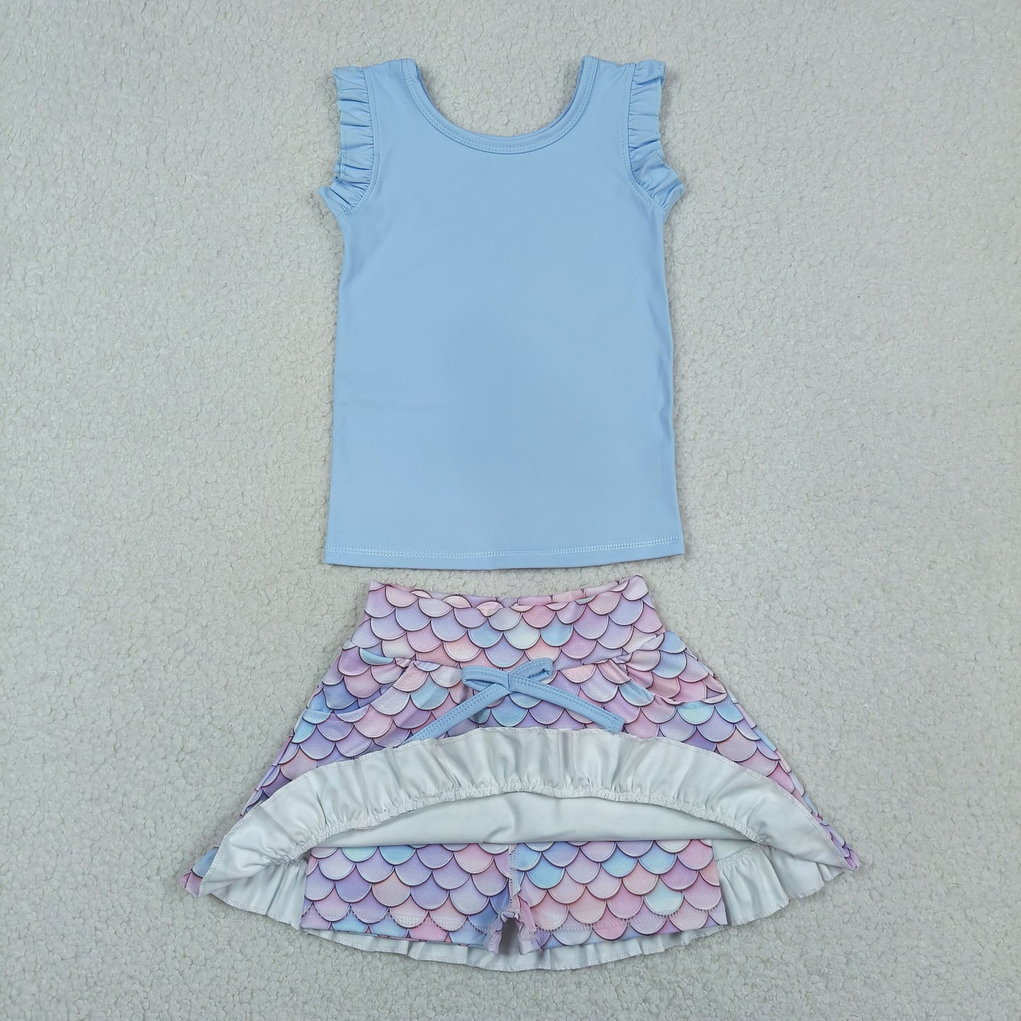 Baby Girls Kids Blue Tops Pockets Scallop Skirt Shorts Yoga Clothes Summer Set RTS