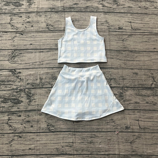 ( No moq ) Preorder Baby Girls Kids Blue Plaid Tops Skirt Shorts Yoga Summer Set